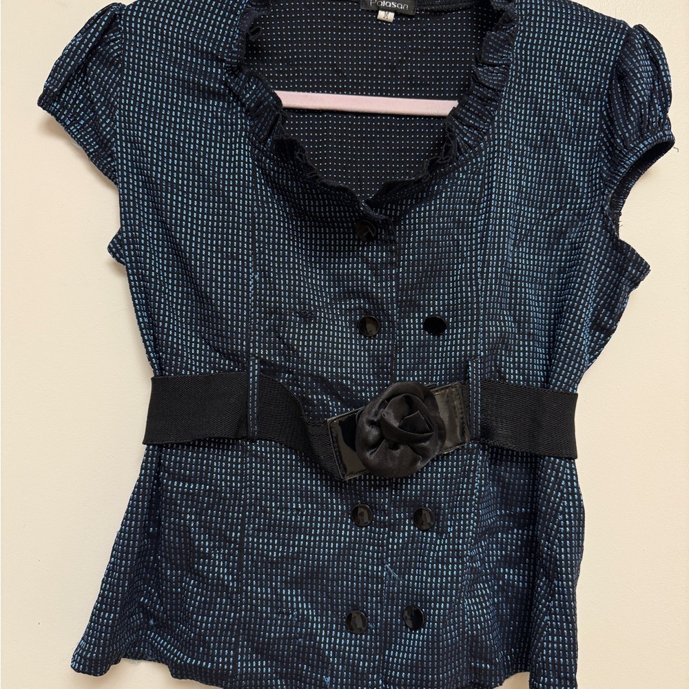 Women's Blue and Black Top with Belt Size M